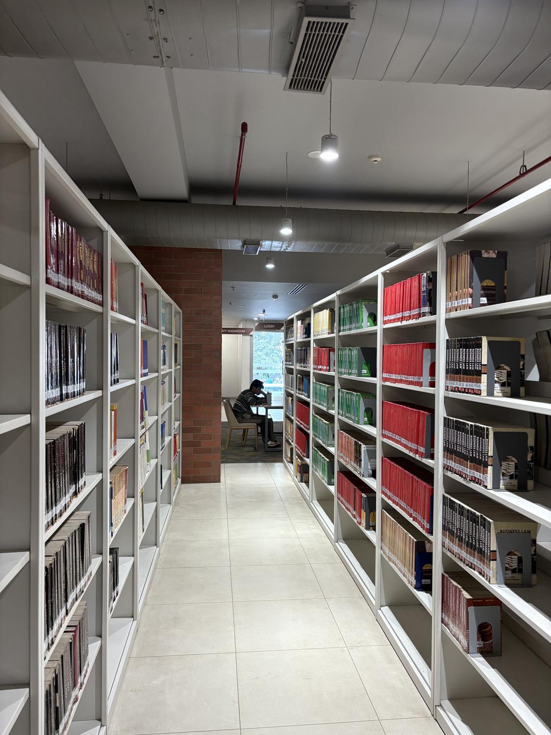 লাইব্রেরিতে দুই সারি বইয়ের তাকের মাঝের পথ